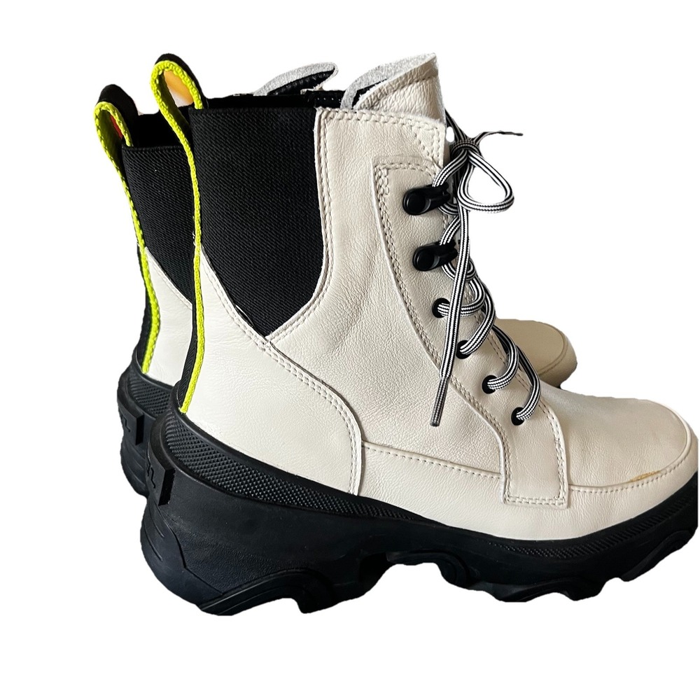 Sorel Brex Lace-Up Leather Lug‎ Sole Boots In White Lime Green Accents Size 7.5